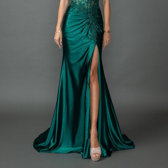New Beaded Maxi Evening Satin Dress w/ Lace Up Back & Sexy Leg Slit DQ 4560 - Picture 5 of 8